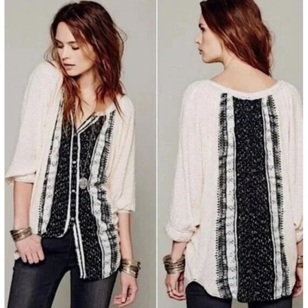 Free People Days of Romance Button Up Blouse Peach Black Size S Small